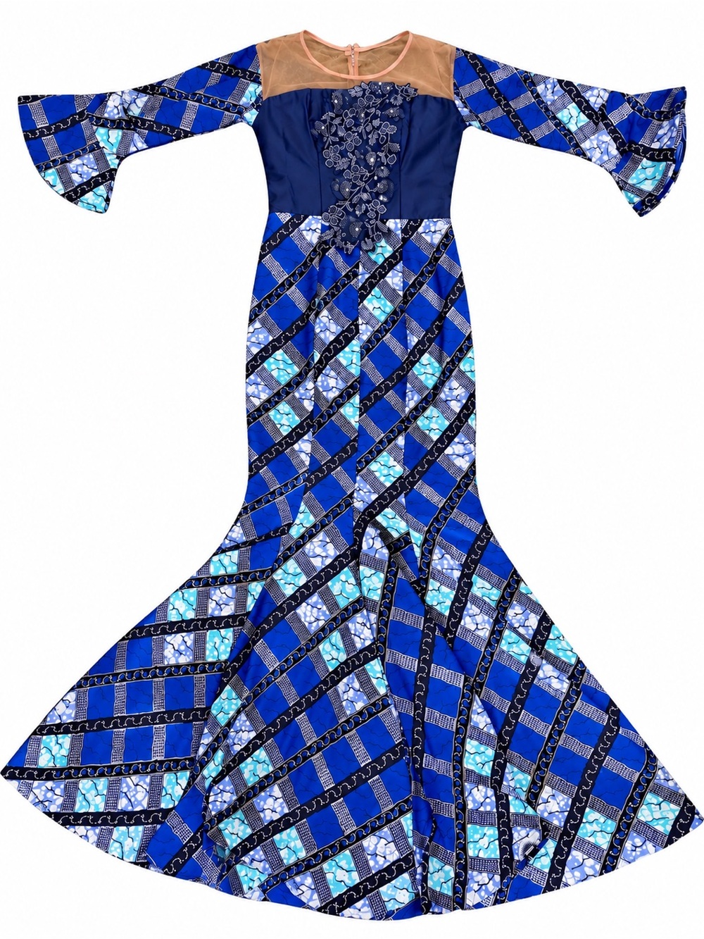 Blue Ankara Print Mermaid Maxi Dress Bell Sleeve Sheer Yoke Formal Gown